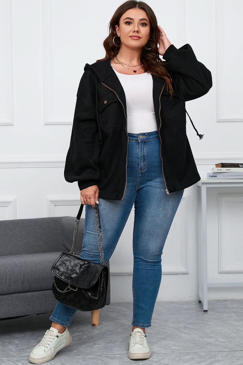 Plus size black hooded jacket - Love Salve